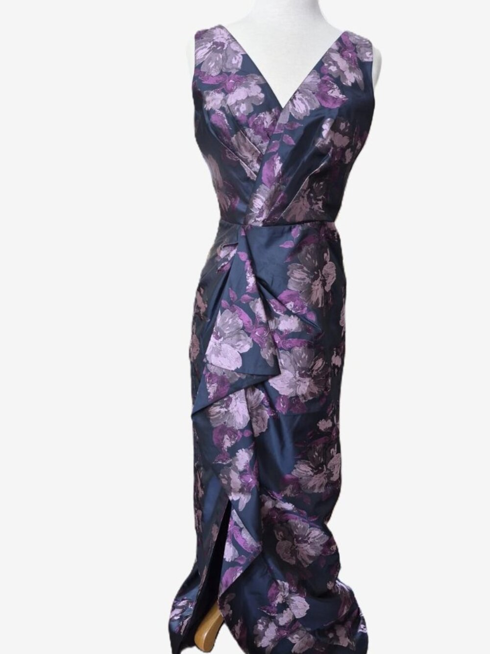 NWT Kay Unger Gown Navy/Pinks Floral V-Neck Sleeveless MOB Evening Size 8